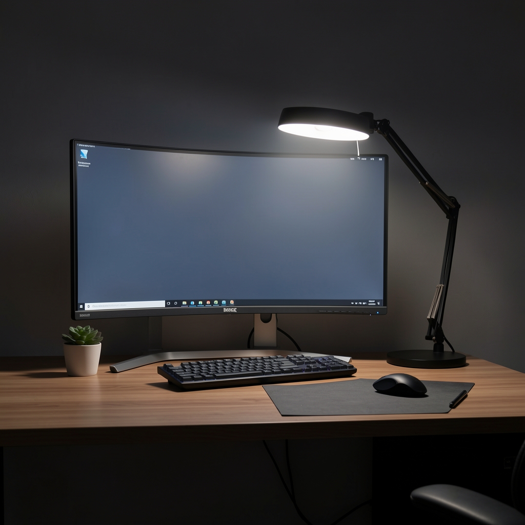 Radni sto sa BenQ monitorskom lampom koja baca ravnomernu svetlost bez odsjaja na monitor, tamna prostorija
