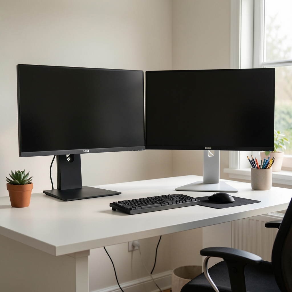 Dva ultra-wide monitora montirana na dvostruki nosač iznad čistog radnog stola, profesionalni setup za rad od kuće