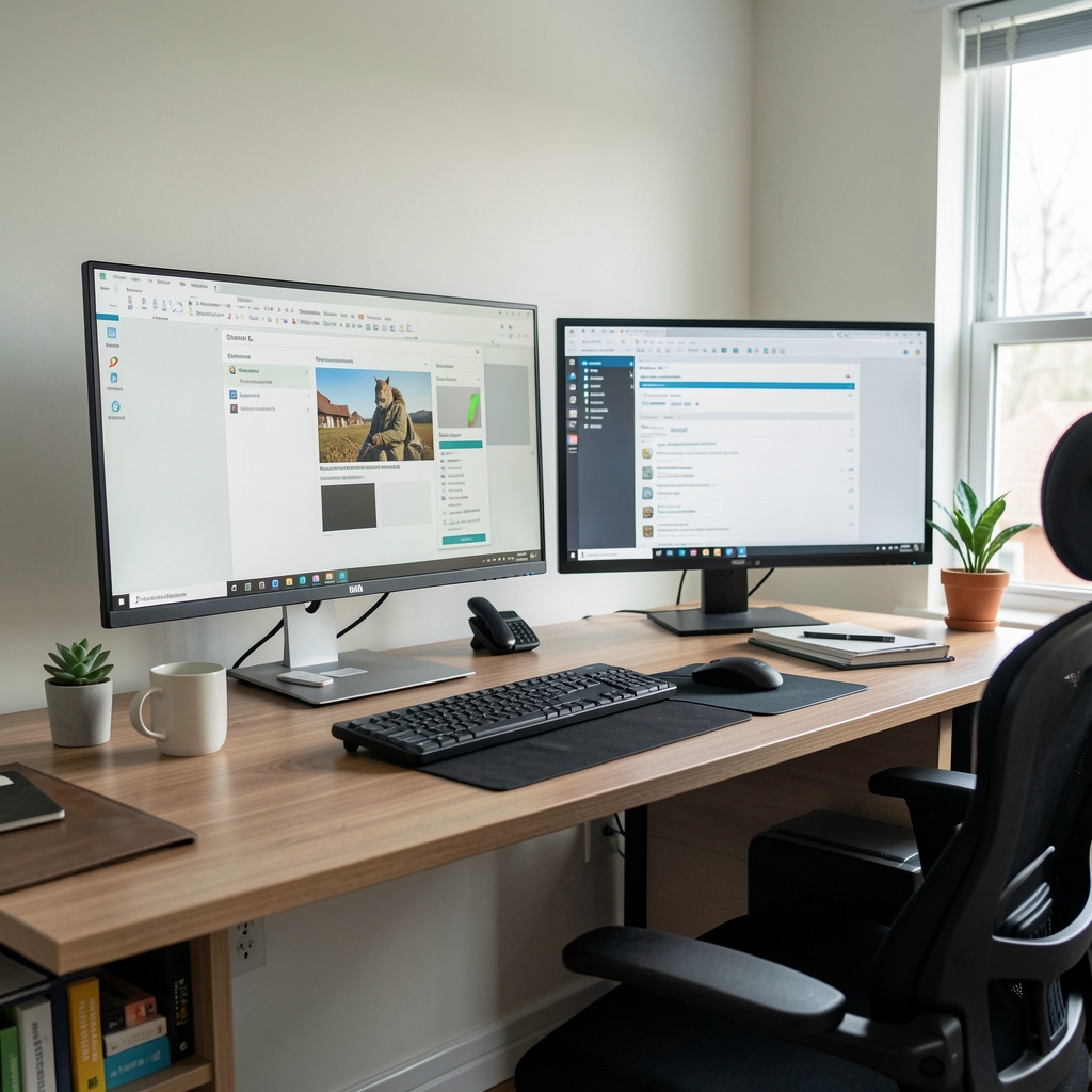 Pregledni minimalistički home office setup sa dva monitora, biljkom i organizovanim stolom, dnevna svetlost