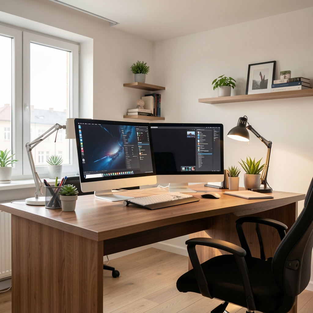 Moderna kancelarija sa stojecim stolom, biljkama i prirodnom svetlošću, trend home office enterijera 2025