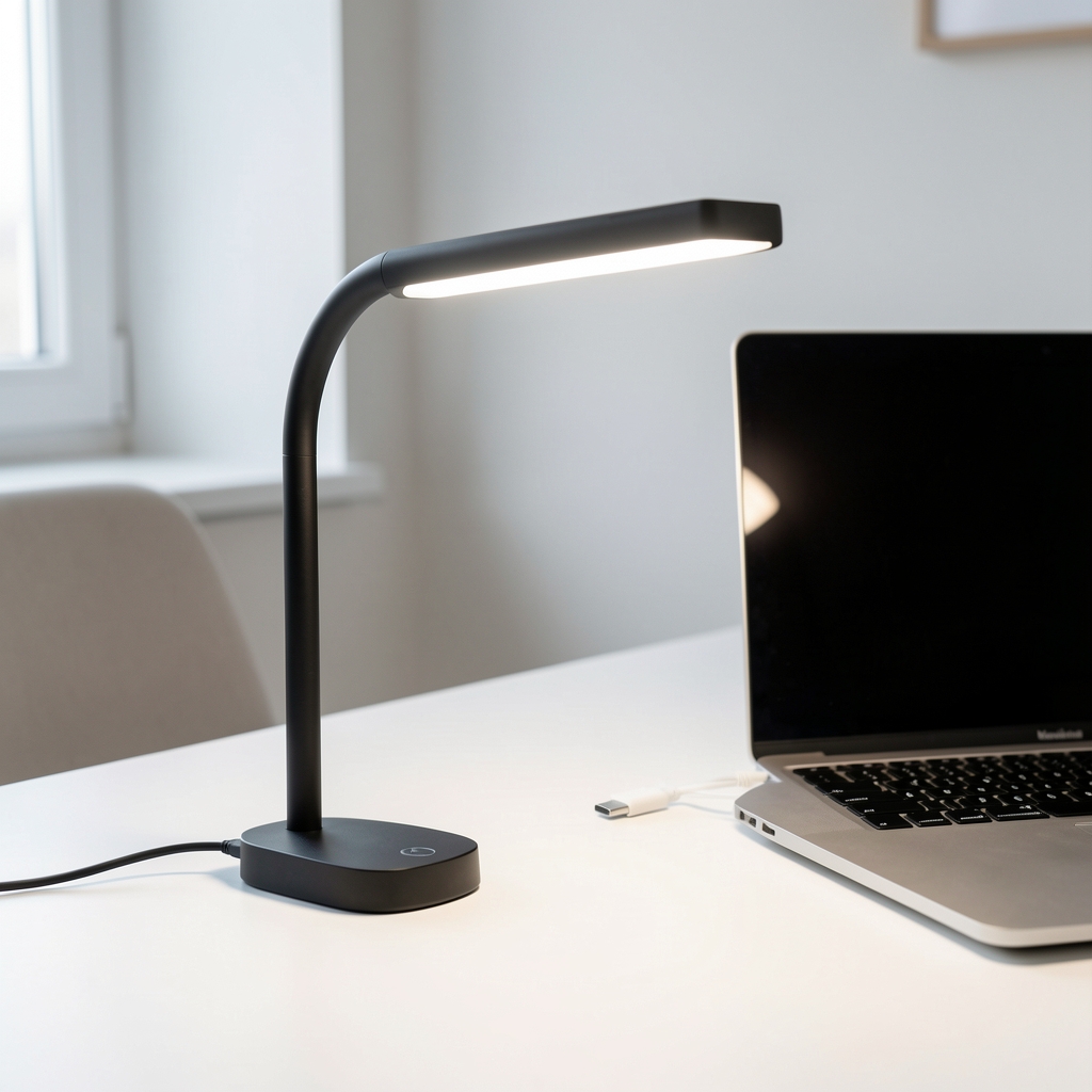 Moderna LED lampa za radni sto sa fleksibilnom rukom i USB punjačem, topla bela svetlost, crni dizajn