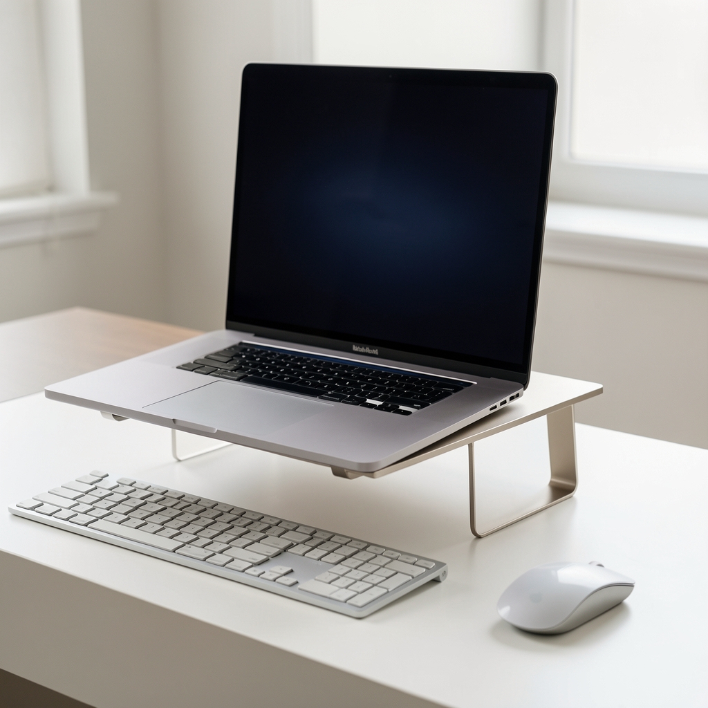 Elegantni aluminijumski nosač za laptop koji podiže ekran na visinu očiju, laptop na njemu otvoren