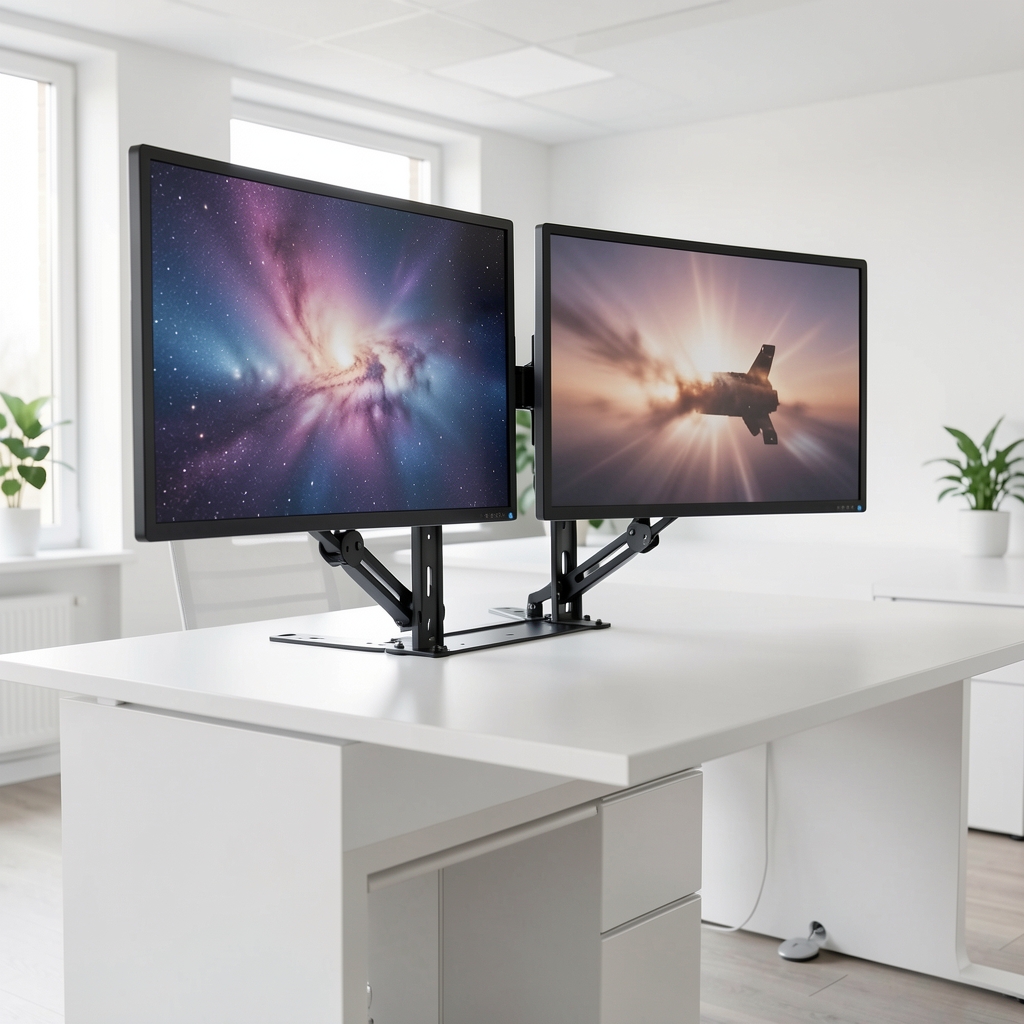 Metalni nosač za dva monitora pričvršćen na sto, monitori su podešeni na optimalnu visinu i ugao