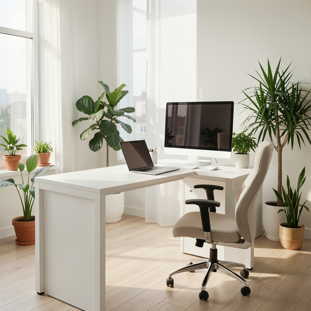 Minimalistički home office sa belim stalaćim stolom, laptopom i monitorm, svetla i prozračna prostorija sa biljkama