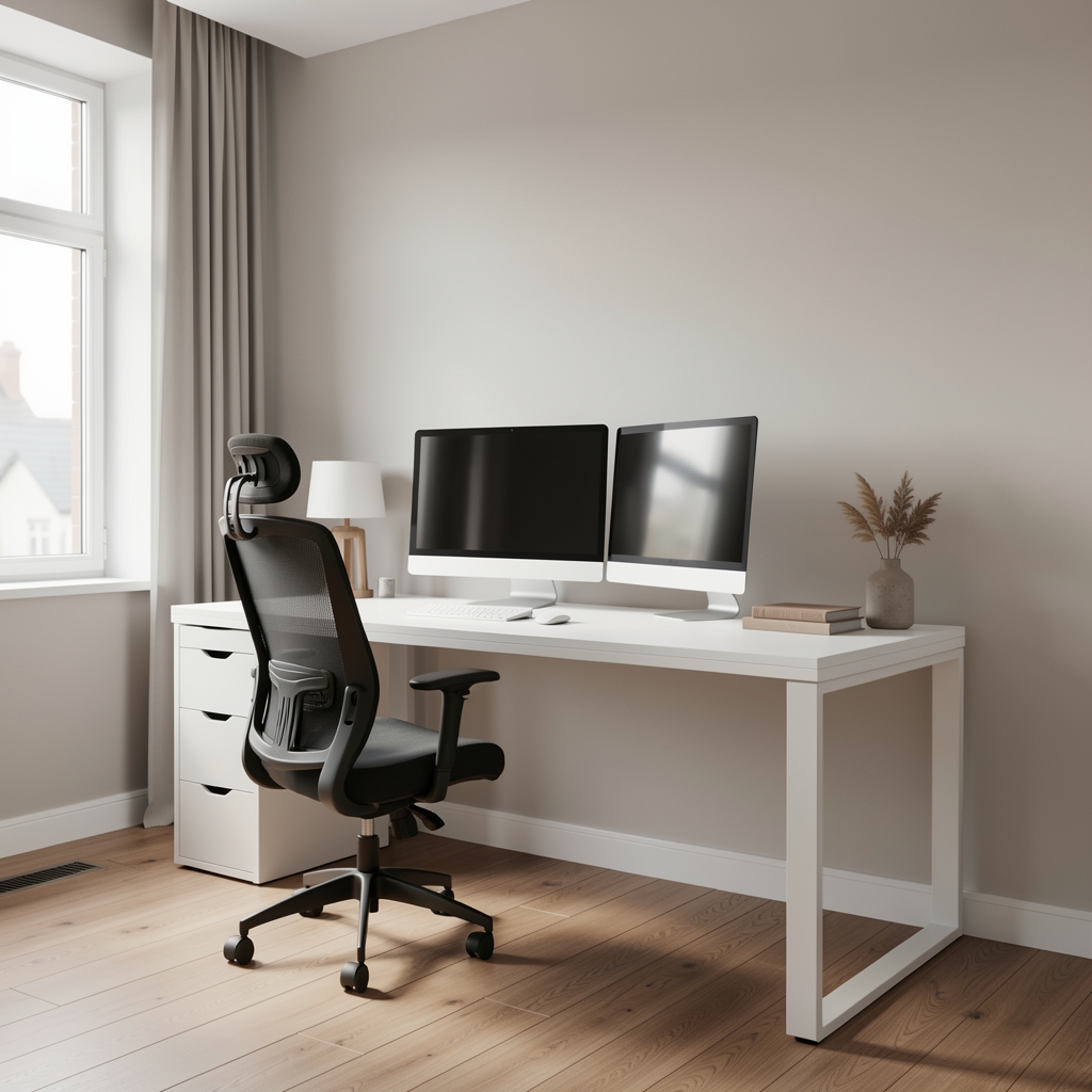 Elegantno uređena kućna kancelarija s ergonomskom stolicom, belim radnim stolom, dva monitora i minimalističkim dekorom