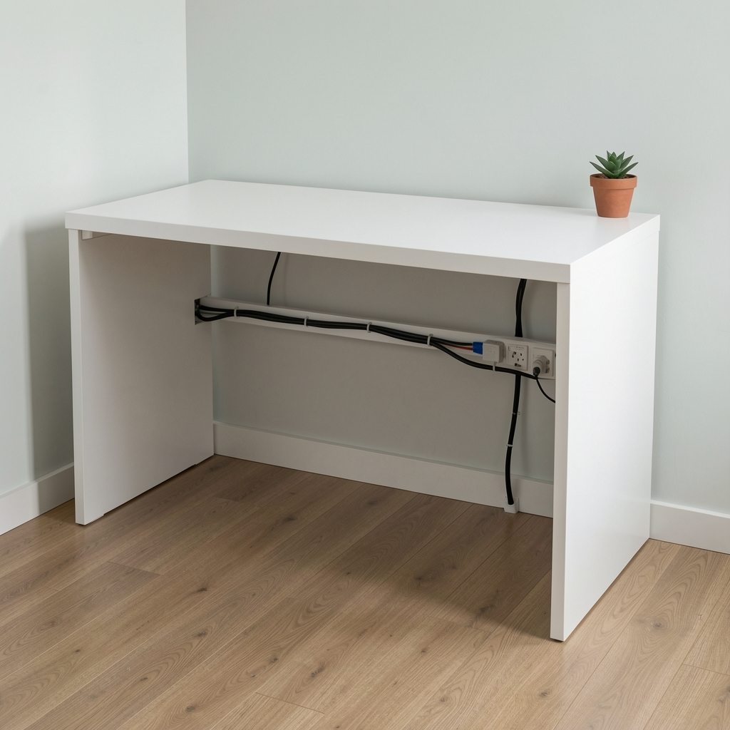 IKEA Bekant ugaoni radni sto u beloj boji, L-oblik, sa stalažom za kablove ispod ploče