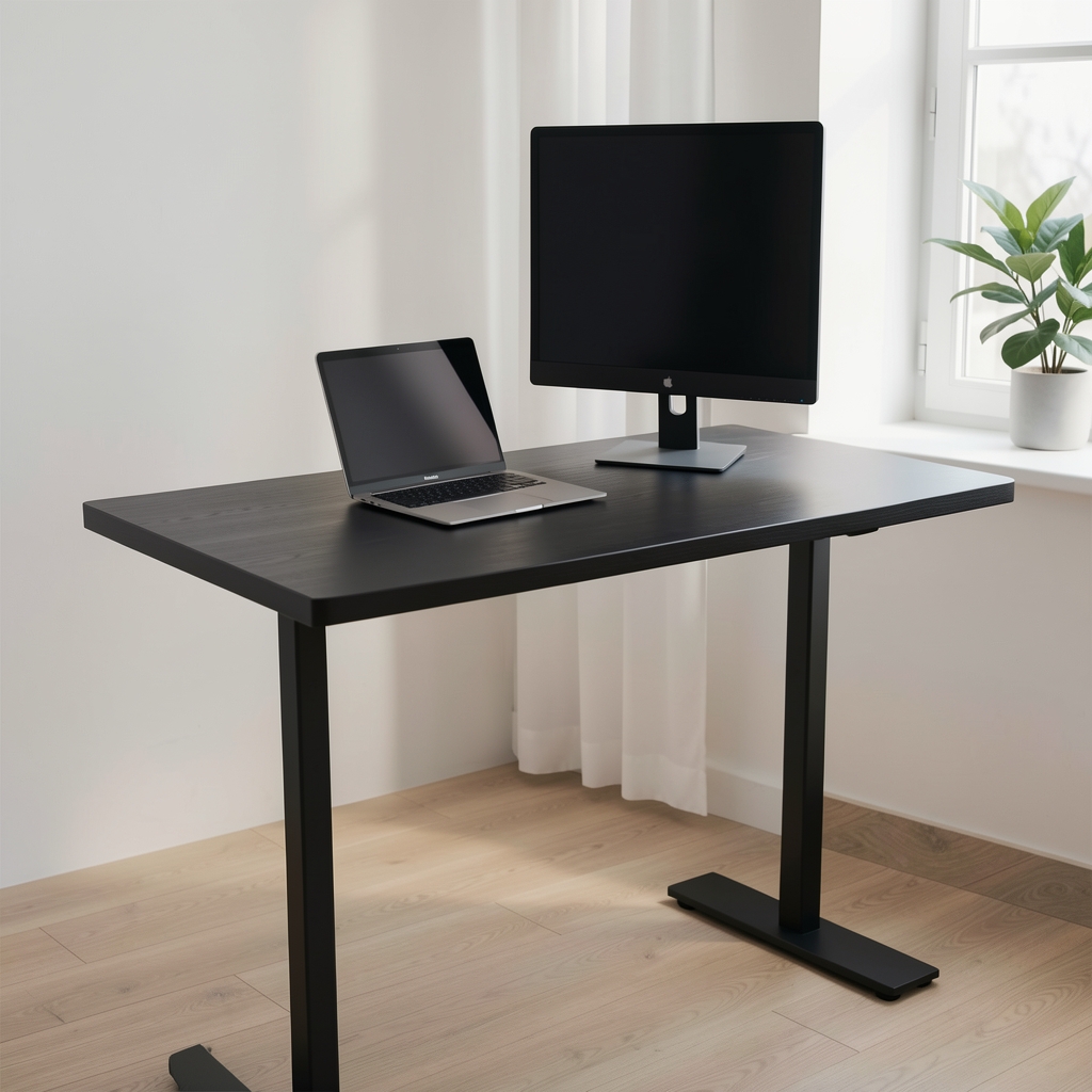 Autonomous SmartDesk Pro crni stojeći sto u minimalistič­kom home office ambijentu sa laptopom i monitorom